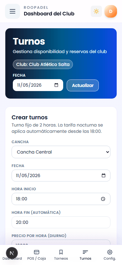 Turnos del club en RooPadel