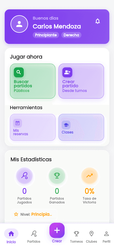 Inicio de la app RooPadel para jugadores
