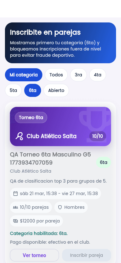 Torneos por categoría en RooPadel