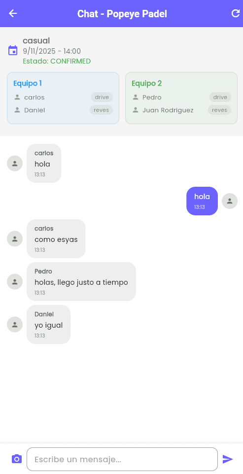 Invitaciones y chat del partido